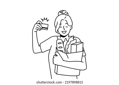 Smiling woman customer shopping in supermarket with credit card. Happy female client grocery shopping with banking system. Vector illustration. 