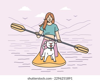 Smiling woman with cute dog sailing on paddle board in sea. Happy girl with puppy enjoy activity on SUP board in summertime. Vector illustration. 