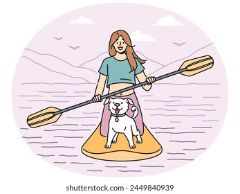 Smiling woman with cute dog sailing on paddle board in sea. Happy girl with puppy enjoy activity on SUP board in summertime. Vector illustration.