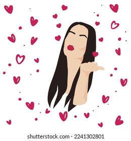 Smiling woman with cute hearts giving an air kiss. Festive  greeting card design for Valentines Day.   Vector illustration.