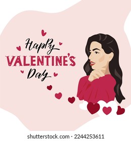 Smiling woman with cute hearts waiting for Valentines Day. Happy Valentines day lettering.Festive  greeting card design.   Vector illustration.