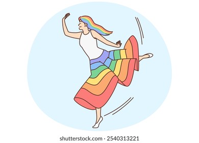 Mujer sonriente bailando en falda colorida sintiéndose optimista y alegre. Muchacha feliz con el concepto del espectáculo del pelo del arco iris de la diversidad y del arte. Ilustración vectorial.