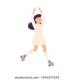Smiling Woman Dancing on Roller Skates Performing Tricky Movement Vector Illustration