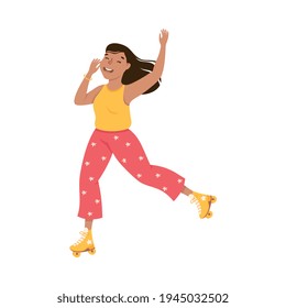 Smiling Woman Dancing on Roller Skates Performing Tricky Movement Vector Illustration