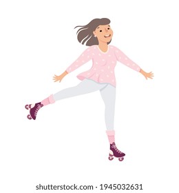 Smiling Woman Dancing on Roller Skates Performing Tricky Movement Vector Illustration