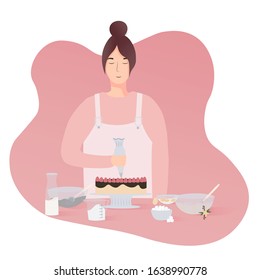 Smiling woman decorating cake, lovely hobby, girl baking , ingredients on the table