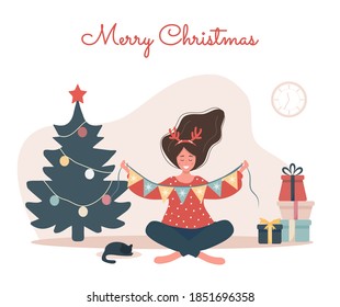 Smiling woman decorating Christmas tree. New year vintage postcard. The girl unwinds the garland. Preparing home before holiday celebration. Cute vector illustration in flat cartoon style.