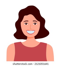 Smiling woman with dental braces in flat design on white background. Orthodontic concept vector illustration.