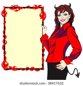 Smiling woman of devil appearance presenting the burning frame of copy space