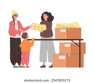 Smiling woman distributes blankets flat style, vector illustration isolated on white background. Volunteer helping, decorative design element, emotional people