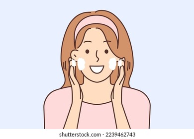 Smiling woman do beauty procedures at home. Happy girl apply face cream take care of skin. Skincare and cosmetology. Vector illustration. 