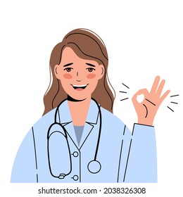 Smiling woman doctor gesture that everything is in order. Ok-gesture.	