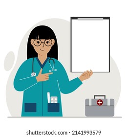 Smiling woman doctor holding a file with blank paper for text. Vector flat illustration