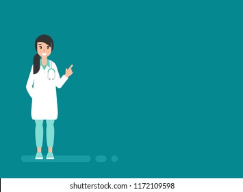 Smiling woman doctor on blue background. Medical internet consultation.  Healthcare consulting web service.  Hospital support online. Computer doctor. Ask a doctor. Vector flat illustration on blue