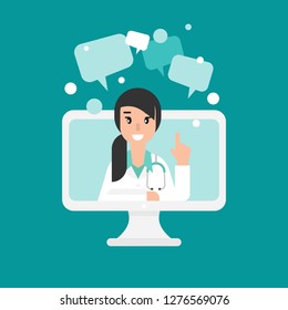 Smiling woman doctor on the screen. Medical internet consultation.  Healthcare consulting web service.  Hospital support online. Computer doctor. Ask a doctor. Vector flat illustration on blue