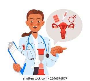 Smiling Woman Doctor or Practitioner in Uniform with Clipboard and Stethoscope Engaged in Medical Examination of Reproductive System Vector Illustration