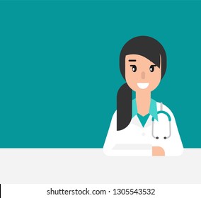 Smiling woman doctor with stethoscope and table. Medical internet consultation.  Healthcare consulting web service.  Hospital support online. Computer doctor. Vector flat illustration on blue