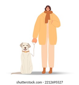 Smiling woman with dog. Girl wearing warm comfortable fashionable casual clothes and scarf walking with dog. Dog labrador sits nearby. Colored flat cartoon vector illustration isolated on white