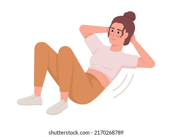 Smiling woman doing abdominal crunches semi flat color vector character. Editable figure. Full body person on white. Simple cartoon style illustration for web graphic design and animation