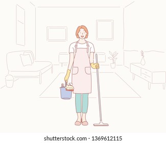 Smiling woman doing housework. Hand drawn style vector design illustrations.