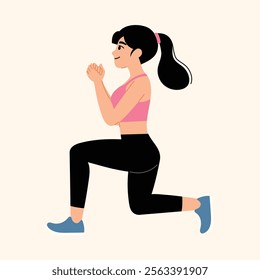 smiling woman doing leg lunge. illustration 