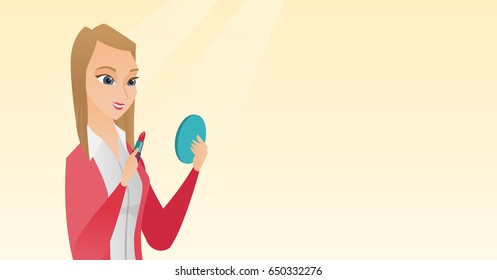 Smiling woman doing makeup and looking in hand-mirror. Woman rouge lips with red color lipstick. Young woman paints lips. Woman applying lips makeup. Vector flat design illustration. Horizontal layout