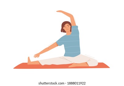 Smiling Woman Doing Stretching Exercise On Mat Vector Flat Illustration. Happy Female Performing Pilates Or Yoga Training At Home Or Gym Isolated On White. Active Flexible Person Enjoying Sports