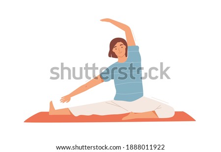 Smiling woman doing stretching exercise on mat vector flat illustration. Happy female performing pilates or yoga training at home or gym isolated on white. Active flexible person enjoying sports