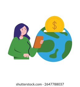 Smiling Woman Donating Gold Coin to World Globe Using Tablet
