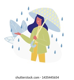 Smiling Woman with Dotted Bright Umbrella Standing at Rain Isolated on White Background Catching Water Drops. Girl Character at Wet Rainy Autumn or Spring Weather. Cartoon Flat Vector Illustration.