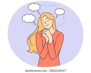 Smiling woman dreaming of happy future. Happy millennial girl visualize and daydream, see bright perspectives. Vector illustration.