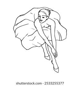 smiling woman in a dress with a fluffy hem sits with her arms outstretched and resting them on her legs, top view - hand drawn line sketch