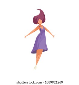 Smiling woman in dress jumping with happiness flat vector illustration