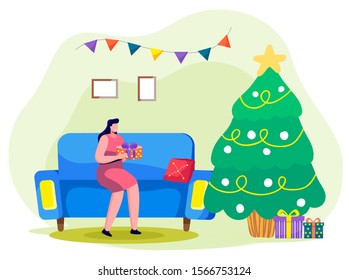 Smiling woman in dress sitting on sofa and opening present. Happy female holding gift box near Christmas tree at home. Person celebration winter holiday near Xmas wood decorated by toys vector