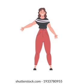 Smiling Woman Dressed Casual Clothes Standing with Wide Open Hands, Welcome, Solidarity, Friendship and Charity Concept Cartoon Style Vector Illustration