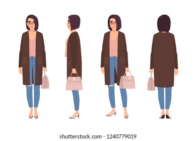 Smiling woman dressed in elegant casual clothes. Pretty girl wearing jeans and cardigan and holding handbag. Female cartoon character isolated on white background. Flat cartoon vector illustration.