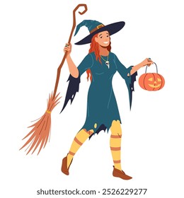 Smiling woman dressed up as witch for Halloween flat color vector illustration. Lady holding broom and carved pumpkin basket cartoon image on white