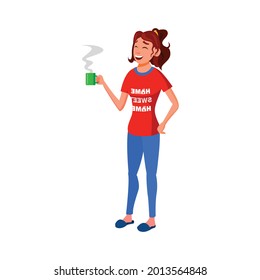 smiling woman drink coffee morning energy beverage at home cartoon vector. smiling woman drink coffee morning energy beverage at home character. isolated flat cartoon illustration