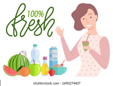 Smiling woman drinking, 100 percent fresh products. Watermelon and apple, bottle with beverage and pack of milk, healthy food, healthcare card vector