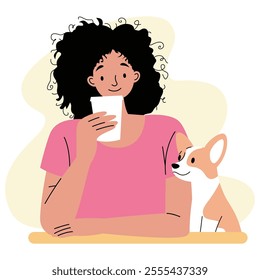 Smiling woman drinking a beverage while bonding with her dog, vector illustration.