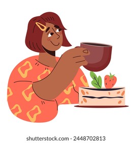 Smiling woman drinking coffee and eating dessert, flat vector illustration isolated on white background. Happy women spending time with cup of coffee and sweets.