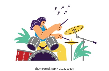 Smiling woman drummer character playing music flat style, vector illustration isolated on white background. Rhythmical musical instrument, beat, hit cymbals