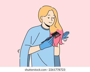 Smiling woman dying hair at home. Happy female do beauty procedures brush paint hair by herself. Vector illustration. 