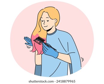Smiling woman dying hair at home. Happy female do beauty procedures brush paint hair by herself. Vector illustration.