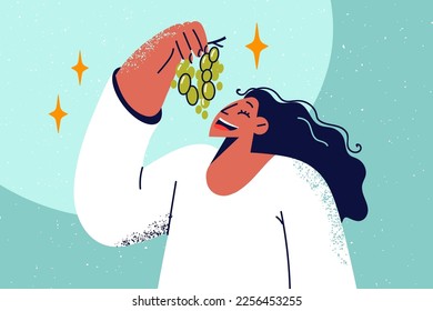 Smiling woman eating fresh grapes from branch. Happy girl enjoy fruits follow healthy lifestyle. Nutrition and diet. Vector illustration. 