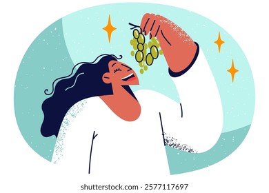 Smiling woman eating fresh grapes from branch. Happy girl enjoy fruits follow healthy lifestyle. Nutrition and diet. Vector illustration.