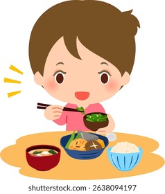 A smiling woman eating vegetable-based Japanese food