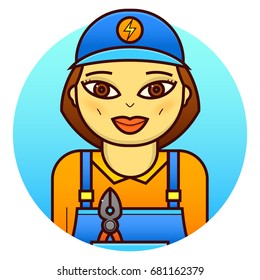 Smiling woman electrician in uniform and baseball cap, vector illustration in line art style