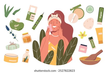 Smiling Woman Embraces Relaxing Skincare Routine Surrounded by Various Natural Organic Products like Aloe, Lavender