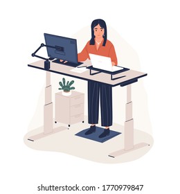 Smiling woman employee working at ergonomic workstation vector flat illustration. Contemporary office furnituring with computer and laptop isolated on white. Female standing on foot rest behind desk